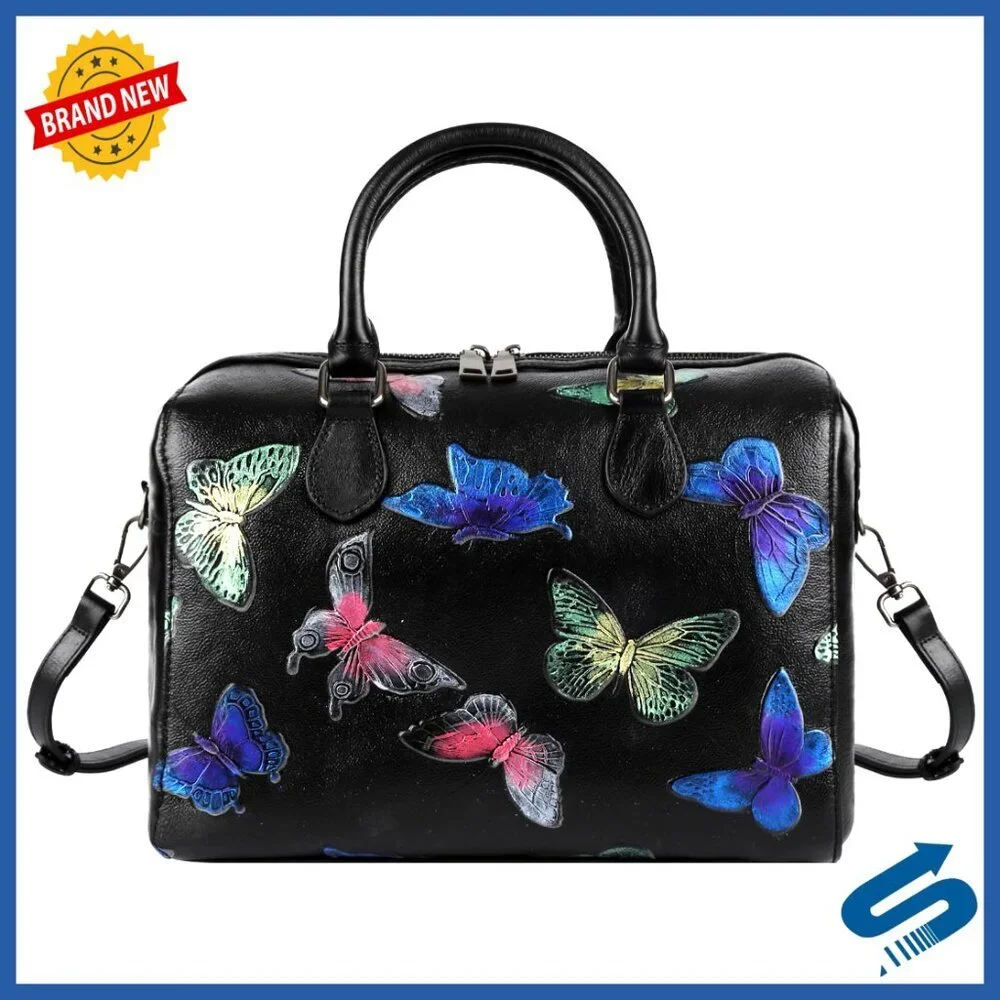 Genuine Leather Satchel Bag with Top Handle and Removable Crossbody Strap